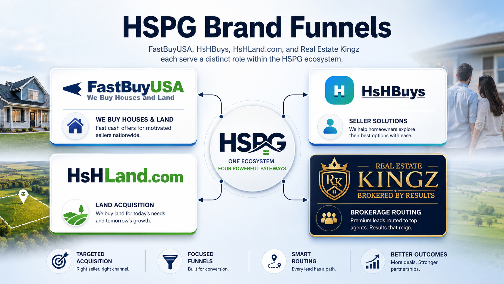 HSPG brand funnels ecosystem overview with FastBuyUSA, HsHBuys, HsHLand, and Real Estate Kingz