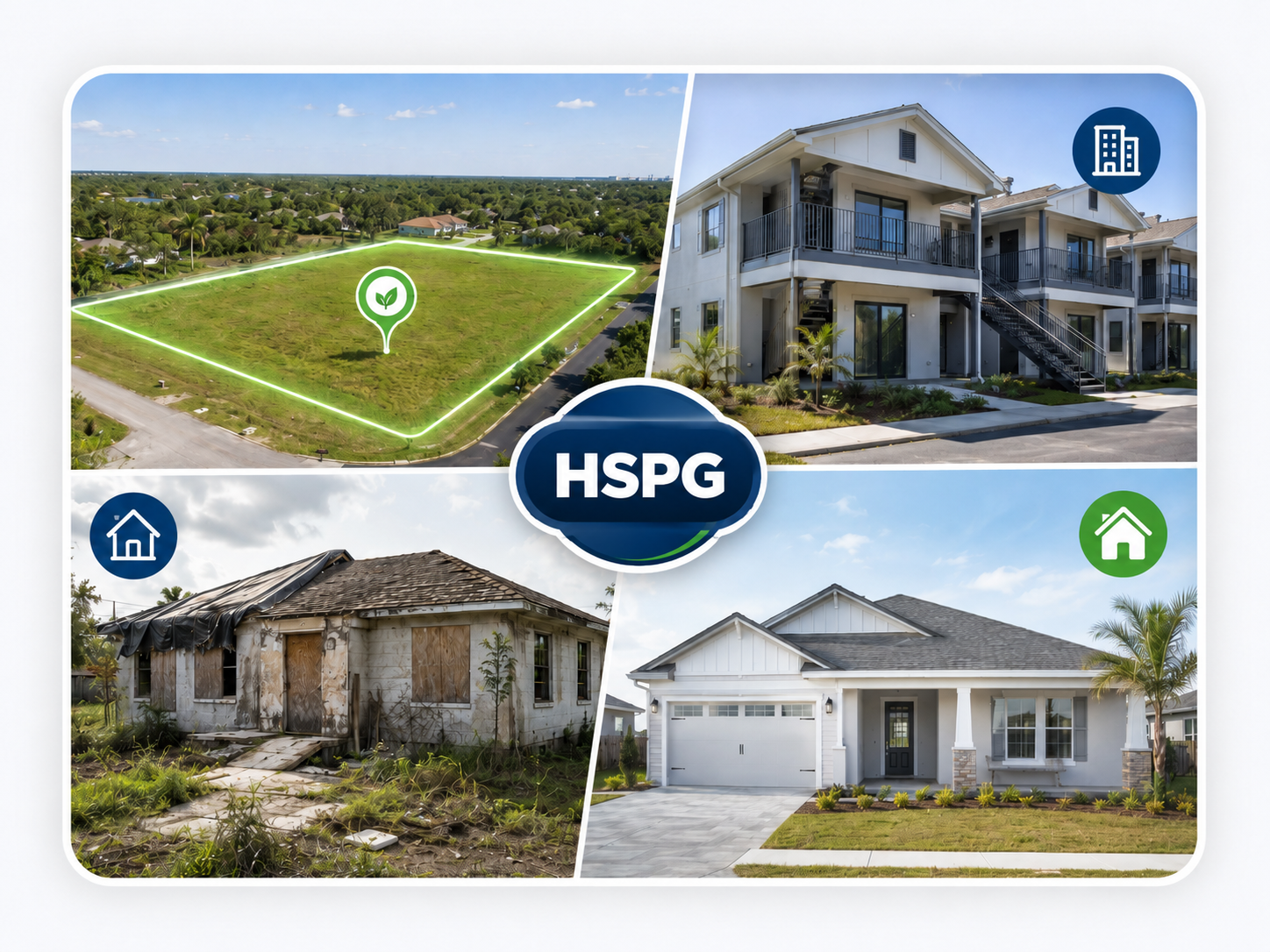 HSPG property collage showing vacant lots, multifamily properties, distressed homes, and new construction single-family homes